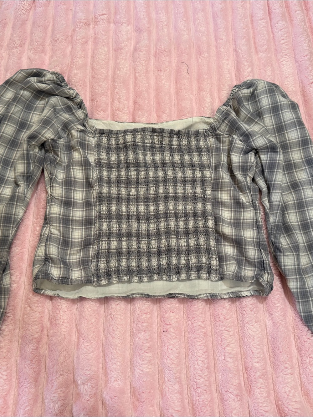 Abercrombie & Fitch Gray Plaid Smocked Puff-Sleeve Crop Top